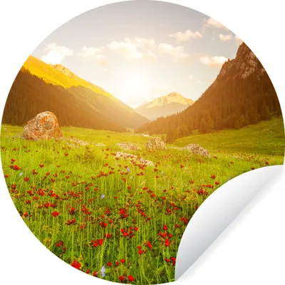 Produktbild von MuchoWow® Runde Wandtattoo - Wandsticker Tapete Aufkleber Blumen - Berg - Sonne Ø 100 cm Selbstklebend und Repositionierbar - Wandaufkleber - Kreis - Tapetenkreis - Wandbild rund - Schlafzimmerdekoration - Wanddeko - runde Tapete - Kunst für zu Hause