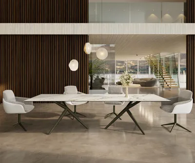 Produktbild von DELIFE Esstisch Edge 300x100 Keramik Calacatta Luxe Weiß-Gold-Grau Estelar rund Metall Effektfinish Titan