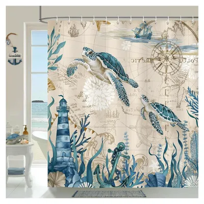 Produktbild von Duschvorhang mit maritimem Schildkrötenmotiv für das Badezimmer, 180 x 180 cm, schimmelresistent und wasserdicht