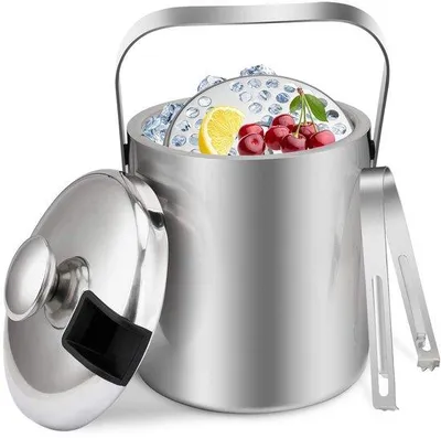 Produktbild von Unyqoos® Edelstahl Eiseimer 1,3 L, doppelwandig mit Deckel, Zange & Tragegriff – kompakter Eiswürfelbehälter für Party, Picknick und Cocktails