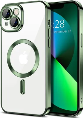 Image de Coque magnétique transparente pour iPhone 13, compatible MagSafe, coque de protection galvanisée avec protection de l'appareil photo vert foncé
