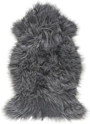A gray faux fur rug is shown against a white background.