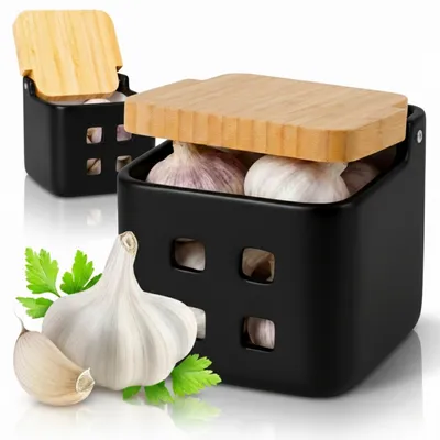 Knoblauchdose aus Keramik mit Bambusdeckel, 11,5 cm, matt schwarz
