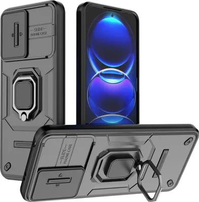 Produktbild von Hülle für Xiaomi Poco X5 /Redmi Note 12 5G Dual Layer Handyhülle Schiebe Kamera Schutz und Ringhalter Ständer Schwarz