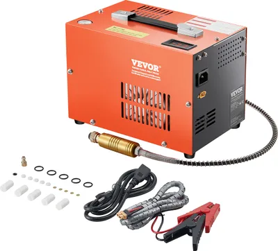 A VEVOR PCP air compressor and its accessories are displayed on a white background.