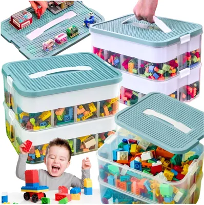 A collage of images showing a multi-tiered storage container for building blocks, with a child playing with blocks in one section.