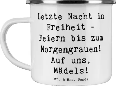 Produktbild von Mr. & Mrs. Panda Teetasse Spruch Junggesellinnenabschied Feiern - Weiß - Geschenk, Freundinnen, Pott, Heiraten, handgefertigt, Feier, Geschenke, Heirat, Emaille Becher