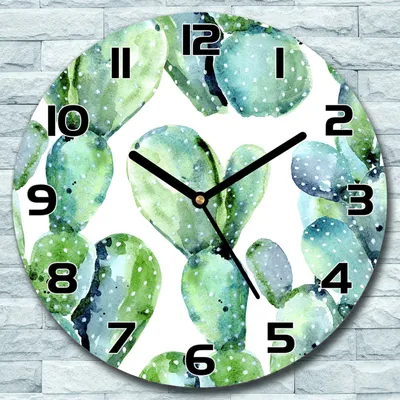 Produktbild von Wanduhr aus Glas Rund fi 30 Blau Grün Kakteen Quarz Deko Schlafzimmer Büro
