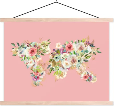 Produktbild von MuchoWow® Textilposter Weltkarte - Rosen - Rosa 120x90 cm mit holzfarbenen Rahmen - Magnetisch