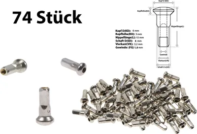 Produktbild von 74 Stück Sapim Speichen Nippel Fahrrad Felge ROSTFREI 1,8mm x 12mm Messing silber