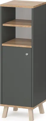 A tall, narrow cabinet with a door and open shelves, standing on four angled legs.