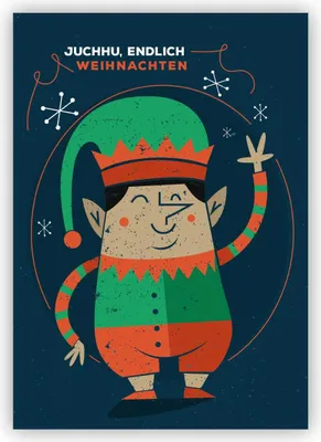 Produktbild von Fröhliche Retro Elfen Weihnachtskarte: Juchhu, endlich Weihnachten