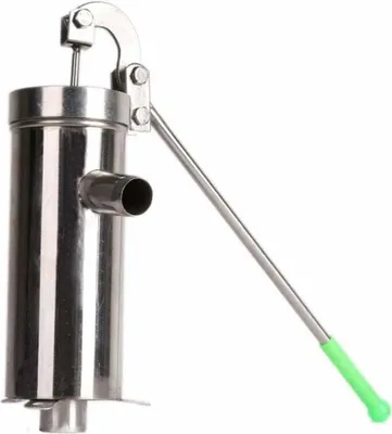 A stainless steel hand water pump with a green handle, shown against a white background.
