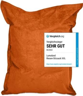 An orange beanbag chair with a comparison website's award overlay.