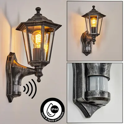 Produktbild von Rivale Wandlampe mit Bewegungsmelder in antikem Look aus Metall/Glas in Schwarz-Silber/Klar