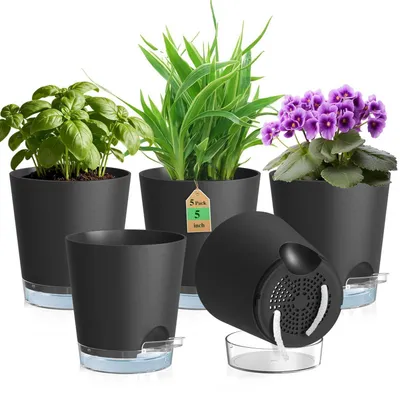Immagine prodotto di Set di 5 vasi autoirriganti, diametro 12,7 cm, colore nero, in plastica, con indicatore del livello dell'acqua