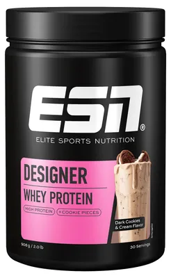 Produktbild von ESN Designer Whey Protein, Puder, Molkenproteinkonzentrat, Molkenprotein isoliert, Cookies & Cream, L-Alanin, L-Arginin, L-Asparaginsäure, L-Cystein, L-Glutaminsäure, L-Glycin, L-Histidin,..., Whey Protein Blend 85% (Ultrafiltered Whey Protein Concentrate, Cross Flow Microfiltered Whey..., 22 g