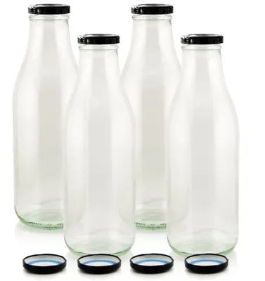 Milch Glasflaschen transparent im Set mit 4 Flaschen und Ersatzdeckeln schwarz