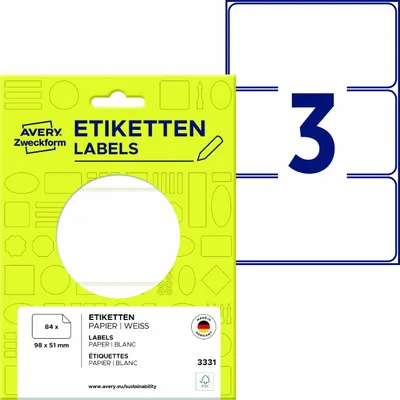 Produktbild von Avery Zweckform 3331, Vielzweck-Etiketten, 98 x 51 mm, 84 Etiketten / 28 Bögen, Weiß