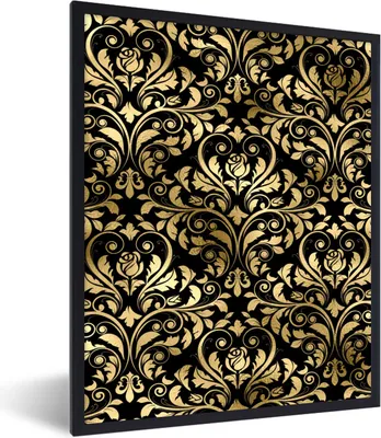 Produktbild von MuchoWow® Gerahmtes Poster Muster - Barock - Gold - Schwarz 60x80 cm - Poster mit Schwarzem Bilderrahmen Wandposter Rahmen Foto Bilder - Premium - Wanddeko Wohnzimmer