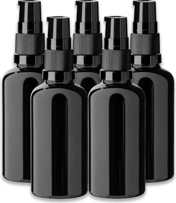Produktbild von 5x Schwarze Glasflasche 50 ml mit schwarzer Pumpe Dispenserpumpe leer