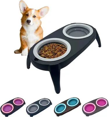 Image de Gamelle anti-glouton pour chiens et anti-glouton pour chats, avec récipient à nourriture standard, amovible et pliable (noir + gris)