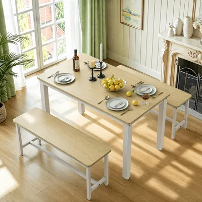 Imagen del producto de Conjunto de comedor REMZETTA, de 3 piezas, que incluye una mesa de comedor de 110 x 60 x 76 cm y dos bancos, ideal para 2 a 4 personas. Diseño compacto, estructura de acero, aspecto de madera en colores natural y blanco, perfecto para la cocina