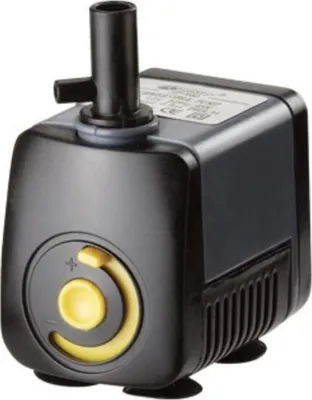 A black and gray submersible water pump with a yellow dial.