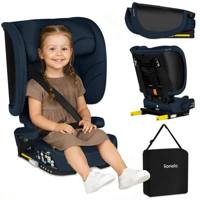 A child is sitting in a car seat, with additional images of the car seat components and a carrying bag.