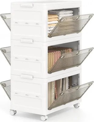 Immagine prodotto di contenitori impilabili a 3 livelli, scatole di plastica da 126 L con ruote e coperchi, armadio pieghevole, bianco, marrone