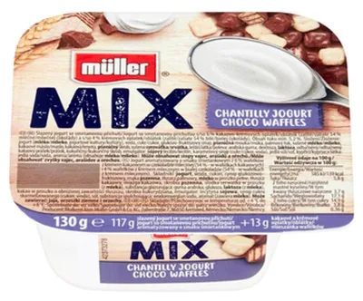 Obrázek produktu pro Jogurt śmietankowy Müller Mix z wafelkami kakaowymi i mlecznymi 130 g