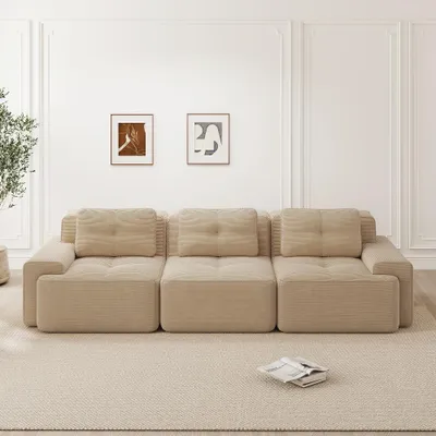 Produktbild von Modulares Cloud Sofa Beige, 3 Sitzer Tiefsitz Sofa aus kratzfestem Cordstoff, Überdimensionales Ecksofa ohne Montage, 293x104x69 cm