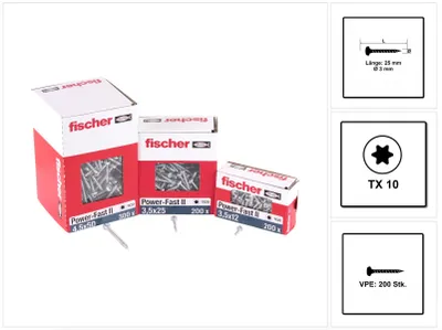 Produktbild von Fischer Power-Fast II FPF II Spanplattenschraube 3,0x25 mm 200 Stück ( 670059 ) Pan Head mit Torx Teilgewinde galvanisch verzinkt, blau passiviert