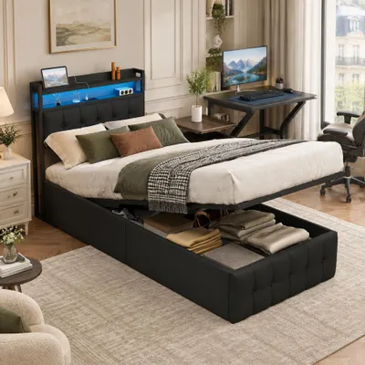 Imagen del producto de Cama tapizada INONEFT de 90x200 cm con espacio de almacenamiento, cama hidráulica con LED y USB, cama individual, cama juvenil con cabecero y somier, tapizada en PU, color negro