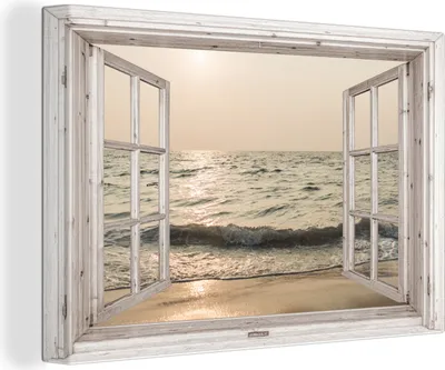 Produktbild von OneMillionCanvasses® - Leinwandbilder - 140x90 cm, Aussicht - Meer - Strand, - Geöffnetes Fenster - Fensterblick Schlafzimmer Kunstdruck Wanddekoration - Foto auf Leinwand - Gemälde auf Holzrahmen