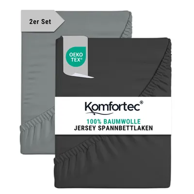 Produktbild von Komfortec 2er Pack Jersey Spannbettlaken 180x200 cm, 100% Baumwolle, Doppelpack Spannbettuch, Anthrazit&Grau