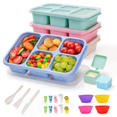 Image de Boîte à bento 4 compartiments, boîtes à lunch 5 compartiments, boîtes à bento à compartiments pour enfants et adultes, boîtes à lunch pour l'école, le travail et les voyages.