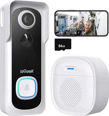 Produktbild von ieGeek WLAN Video Türklingel mit Kamera 1080P HD Kabellose Video Doorbell mit Gong, Smarte Türklingel mit Akku, PIR, Nachtsicht, 2-Wege-Audio, 64GB