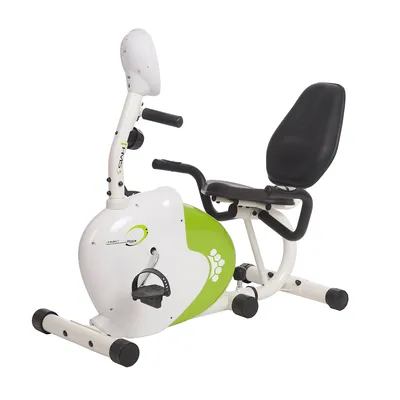 A white and green recumbent exercise bike against a white background.