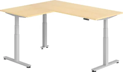 Produktbild von bümö Eckschreibtisch elektrisch höhenverstellbar L-Form - Nachbildung Ahorn, Gestell: Silber, Größe: Eckschreibtisch 180 x 160 cm