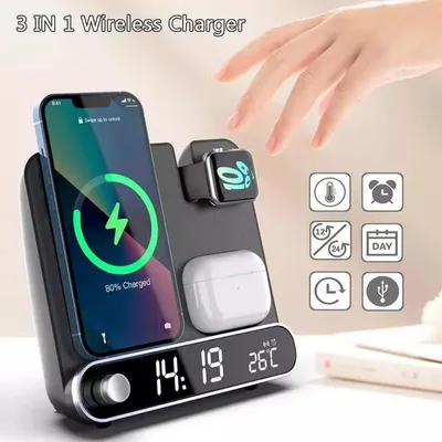 Produktbild von 15W Uhr mit kabelloser Ladefunktion Ohrhörer 3-in-1-Funktionen Uhr mit kabelloser LadefunktionWeckerTemperaturanzeige kabelloses Laden