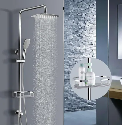 Produktbild von Duschsystem ohne Armatur, SonTiy Duschset mit 30 cm Rechteckigem kopfbrause, Handbrause Duschkopf, Duschstange mit Ablage | für Badezimmer, Chrom