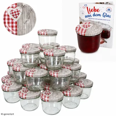 Produktbild von 100er Set Sturzglas 230 ml To 82 Holz Herz rot Deckel incl. Diamant Gelierzauber Rezeptheft