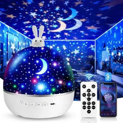 Obrázek produktu pro Projektor hvězdné oblohy – noční lampička pro děti – dekorace do dětského pokoje – s Bluetooth reproduktorem – nabíjení přes USB – bílá barva