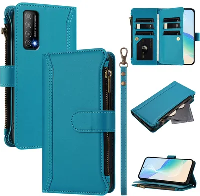 Obrázek produktu pro Pouzdro pro Huawei Y7A/P Smart 2021, zipem, peněženkovéPolyuretankožené flip pouzdro s kapsami na karty, stojánkem a poutkem na ruku Jezerní modrá