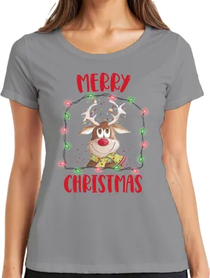 Produktbild von Merry Christmas Rentier Lichterkette - Weihnachten Weihnachtsgeschenk Christmas Damen T-Shirt, Grau, XL