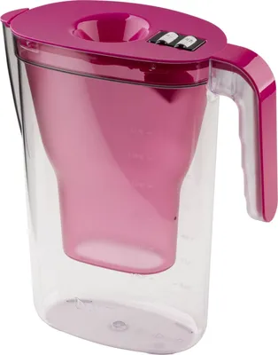 A pink and clear water filter pitcher.