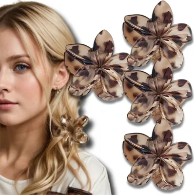 Produktbild von Set mit 4 Haarspangen, Strand-Plumeria-Blüten, Leopardenmuster