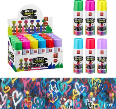 Produktbild von Kreidespray 24er Set im Display Sprühkreide Markierungsspray 6 verschiedene Farben wasserlöslich