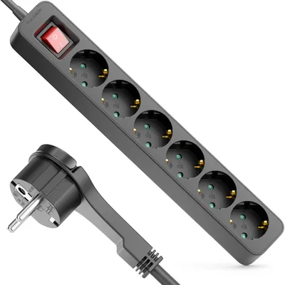 Produktbild von deleyCON 6-Fach Steckdosenleiste mit Flachstecker - 3,0m Kabel - Mit ON/OFF Schalter - Ideal hinter Möbel, Mehrfachsteckdose Stromkabel Verteiler Verlängerung Stromleiste 3680W 16A - Schwarz